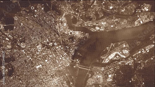 Town. Filming. Aerial View. Retro. 1930s, 1940s. Stylization