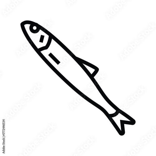 A blacklined depiction of a fish angled diagonally It has a rounded head body fin and a forked tail