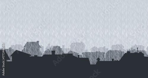 Suburban street silhouette in a small town. Roofs of houses. Country landscape. Housing vector. Seamless composition isolated on white background