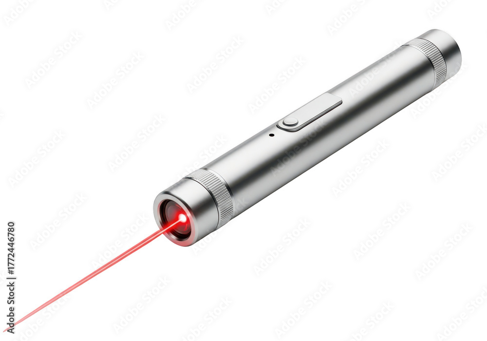 Fototapeta premium Sleek silver laser pointer emitting a bright red beam on a dark surface isolated on transparent background