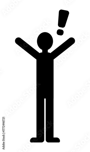 感嘆符と全身の人物シルエットで驚きや発見を表現したシンプルなシルエットアイコンイラスト