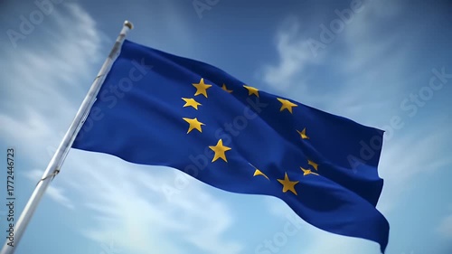 European Union Flag Waving Blue Sky White Clouds Sunny Day Bright Light