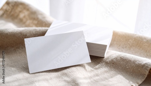 Blank Business Cards Mockup on Linen Fabric with Window Shadow