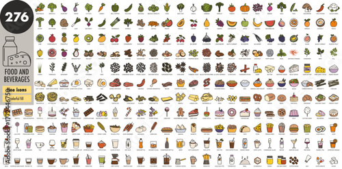 Food and beverages very big thin line icons set with colorful fill. Fruits, vegetables, nuts, sweets, cheese, diary, meat, seafood, fast food, pastry, herbs, seeds, drinks, meals, vector illustration