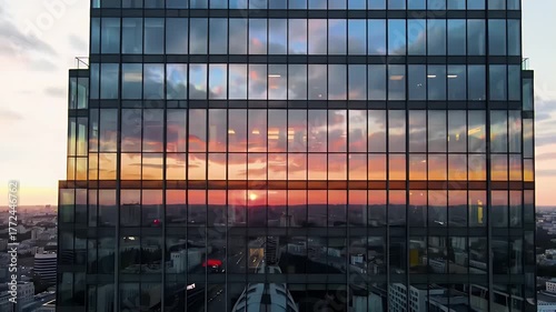 Modern Glass Skyscraper Reflecting Fiery Sunset Sky Over Cityscape During Dusk Golden Hour