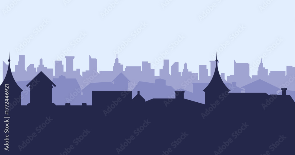 Obraz premium Suburban street silhouette in a small town. Castle roofs of houses. Country landscape. Housing vector. Seamless composition isolated on white background