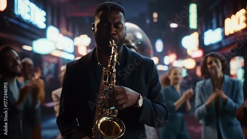 Musician Plays Saxophone on City Street at Night with Neon Signs and Applauding Crowd