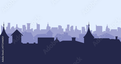 Suburban street silhouette in a small town. Castle roofs of houses. Country landscape. Housing vector. Seamless composition isolated on white background