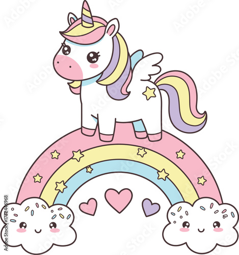 Cute unicorn with wings standing on a rainbow with stars and hearts