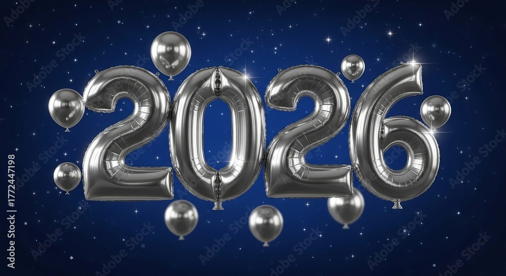 Naklejka premium Silver 2026 Balloons for New Year Celebration Against Dark Blue Starry Background.