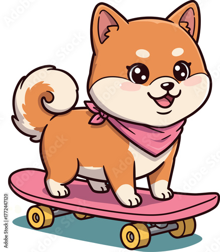 Cute shiba inu dog riding a pink skateboard fun animal cartoon art