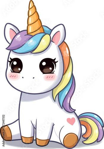 Cute kawaii baby unicorn with rainbow mane sitting adorably