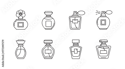 Collection of elegant perfume bottles illustrated in a sketchy hand-drawn style for beauty and fragrance projects vector