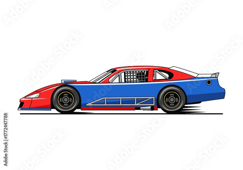 Red and Blue Stock Car with Racing Cage and Spoiler.