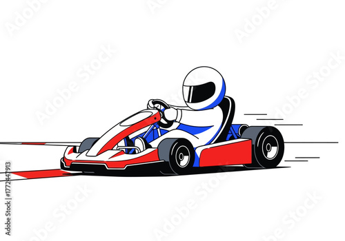 A stylized illustration of a go-kart racer speeding along a red and white track curb.
