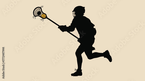 Silhouette of lacrosse player running with stick and ball against a light beige background color