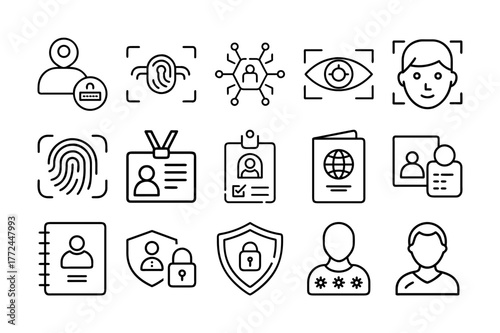 Biometric Identification Icons Set – Fingerprint, Face Scan & ID Verification Line Icons