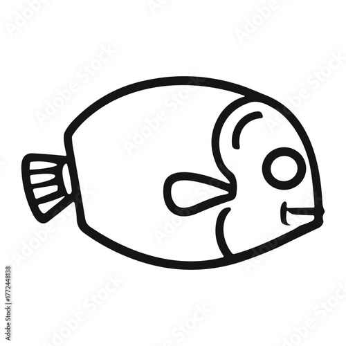 A cartoonish black outlined fish with an openmouthed smile visible fins and round eye against a white background