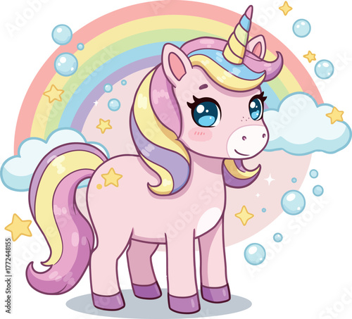 Adorable pink unicorn with rainbow and clouds fantasy creature magical character