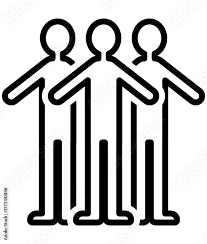三人の人物が一列に並んだ全身のベクターアイコン、協調と信頼を表現したデザイン