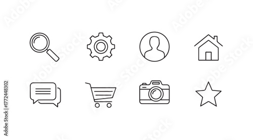 Hand drawn icons representing search settings user profile home shopping cart camera and star vector