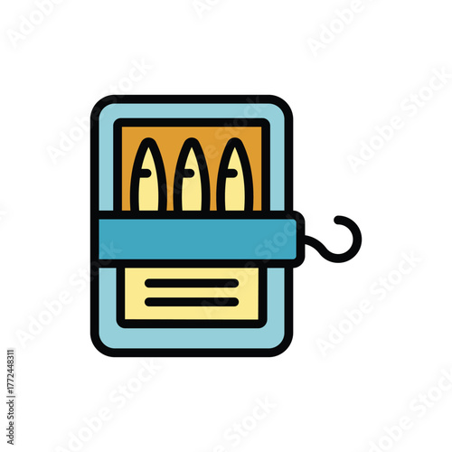 A cartoonstyle depiction of a sardine tin with three fish inside pull tab extending