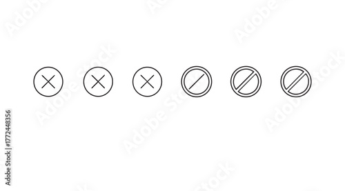 Set of six hand-drawn circular icons representing rejected or forbidden actions in a stylized sketch format vector