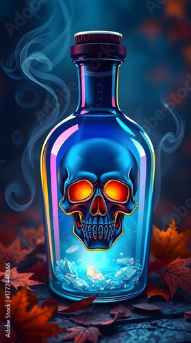 Glowing Skull in Mystical Potion Bottle with Autumn Leaves