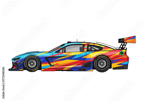 Vibrant Abstract Livery Racing Sports Car Illustration with Large Spoiler and Side Exhaust.