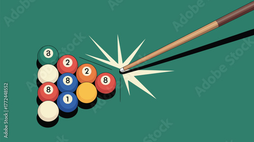 A billiards table with a cue stick about to break a rack of balls on a green felt surface table top view