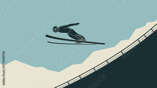 Silhouette of a ski jumper in mid air against a light blue sky near a ski jump ramp edge