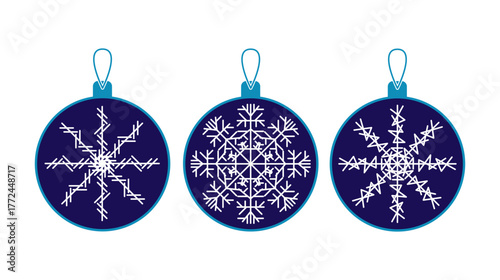 New Year's toys with snowflakes, holiday decorations, glass Christmas toys with string for the New Year tree
