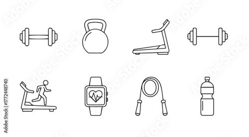 Hand drawn fitness equipment icons set workout gear symbols gym accessories line art style vector