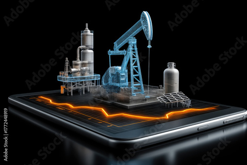 Futuristic energy industry concept with digital oil refinery and pumpjack on tablet, glowing graph line, innovation technology