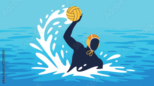 Illustration of a water polo player holding a ball in the water with splash effect around them