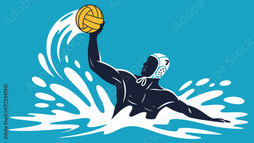 Illustration of a water polo player holding ball above water with splashes on a blue background
