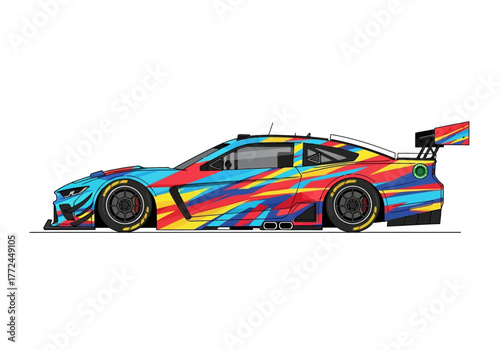 Vibrant Racing Car with Abstract Livery and Aerodynamic Features.