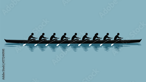Silhouette of a rowing team in a boat on water with reflections under a light blue sky background
