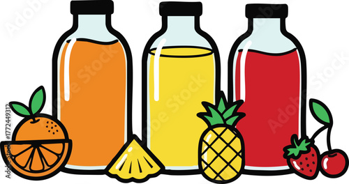 Three Glass Bottles Filled With Orange Yellow and Red Juice Surrounded By Fresh Fruits Like Oranges Pineapples And Cherries On A White Background