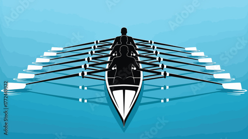 A team rowing in a boat on water with oars visible in a graphic illustration on a blue background