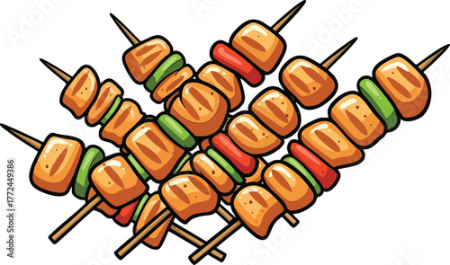Four Skewers With Grilled Chicken And Vegetables Arranged Diagonally On A White Background