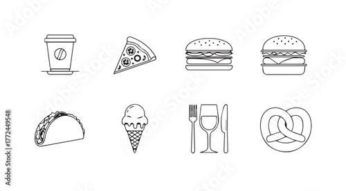 Hand drawn fast food icons representing burgers pizza tacos ice cream and drinks on white vector