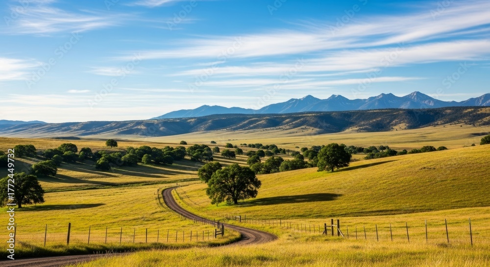 Fototapeta Scenic rural landscape with winding path and mountain range under blue sky