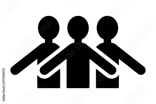 三人の人が肩を並べて立つ、協調やチームワークを表現した上半身シルエットイラスト