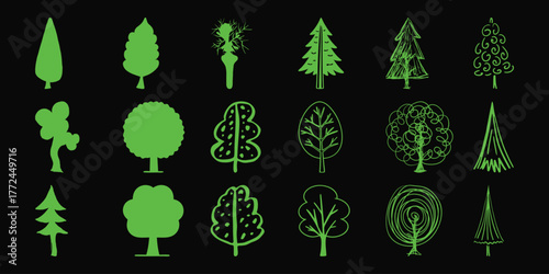 Collection of Diverse Green Tree Silhouettes and Line Art on Black Background