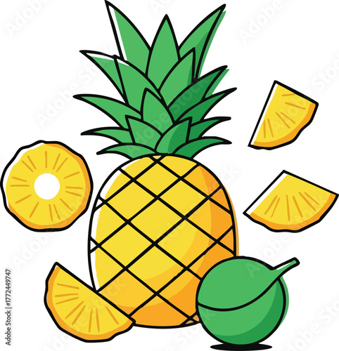 Yellow Pineapple With Green Leaves And Slices On White Background