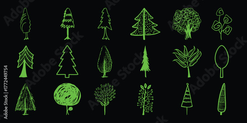 Collection of Hand-Drawn Green Trees and Plants on Black Background