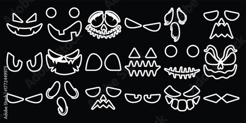 Collection of White Outline Halloween Pumpkin Faces and Features on Black Background