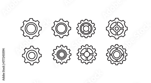 Set of eight diverse mechanical gear icons symbolizing industry innovation and engineering precision vector