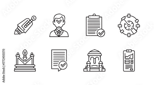 Collection of hand drawn business icons representing legal services finance and expertise vector
